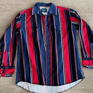 Mens Striped Wrangler Vintage Button Up - Size L - Black / Red / Navy Blue